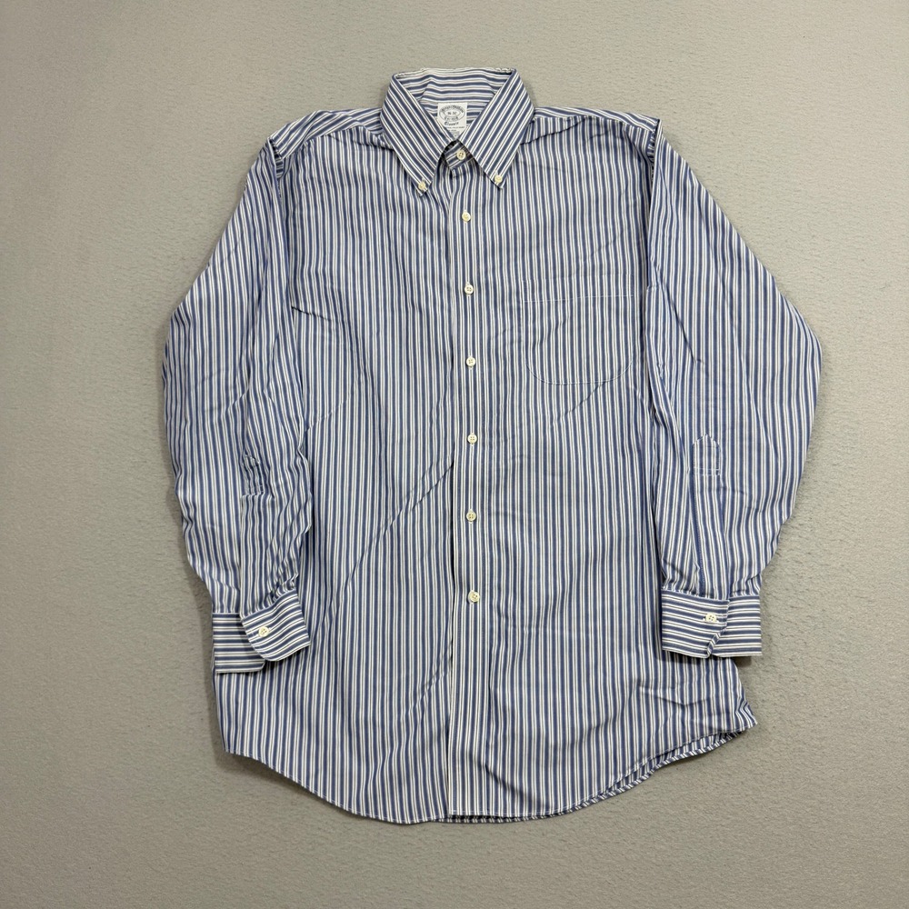 Brooks Brothers Dress Shirt Mens 16-32 Blue White Striped Classic Fit Non-Iron